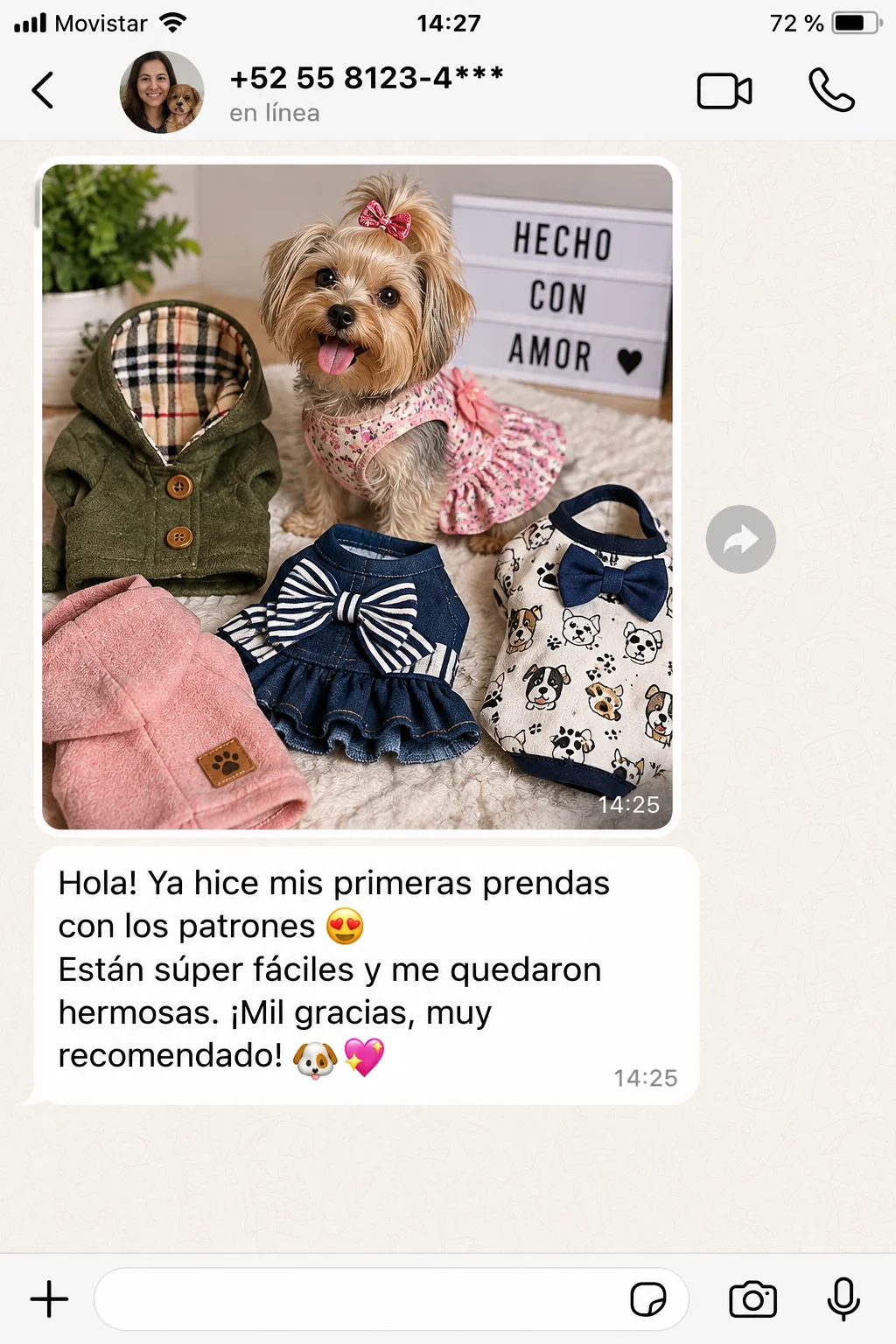 Testimonio de compradora mostrando sus primeras prendas para perros