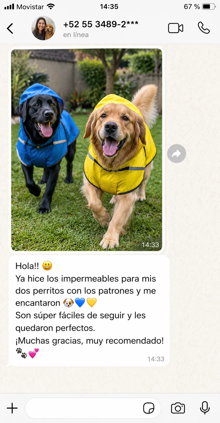 Testimonio de compradora mostrando impermeables para sus dos perros